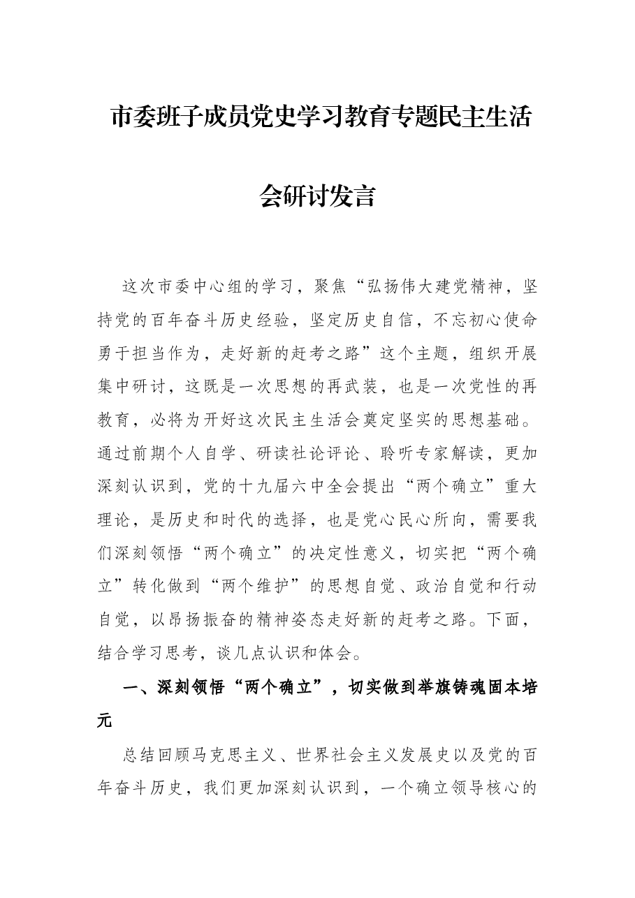 市委班子成员党史学习教育专题民主生活会研讨发言.docx，第1页预览