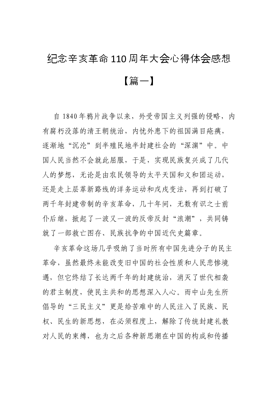 (10篇)纪念辛亥革命110周年大会心得体会感想.docx,第2页预览