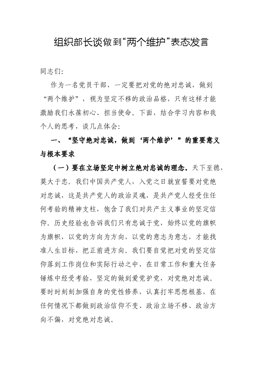 组织部长谈做到“两个维护”表态发言.docx，第1页预览