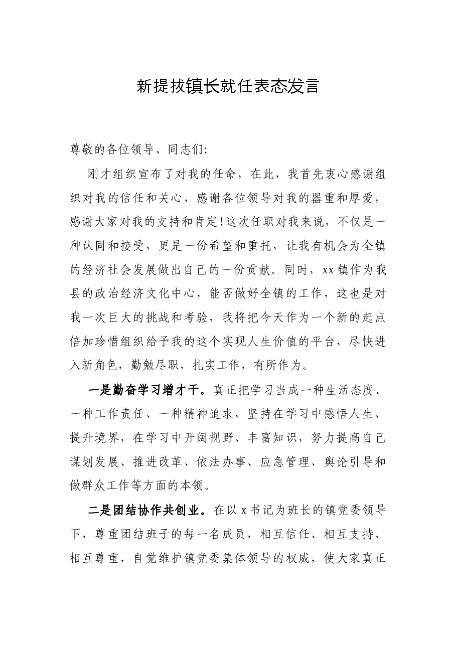 新提拔镇长就任表态发言.docx,第1页预览