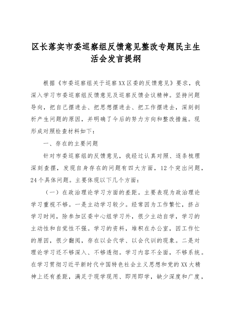 区长落实市委巡察组反馈意见整改专题民主生活会发言提纲.docx,第1页预览