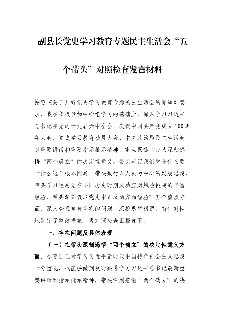 副县长党史学习教育专题民主生活会“五个带头”对照检查发言材料.docx,第1页预览