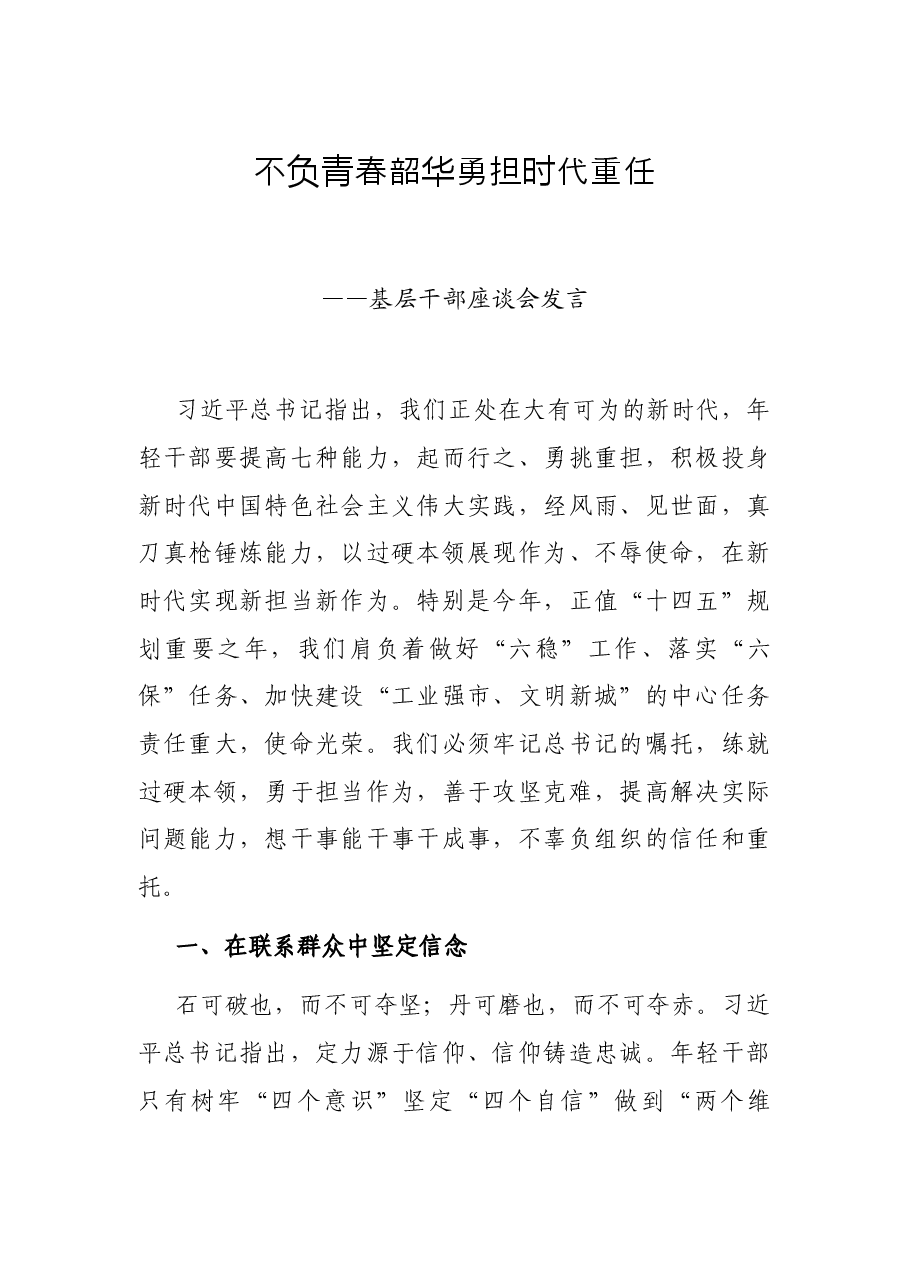 不负青春韶华 勇担时代重任——基层干部座谈会发言.docx,第1页预览