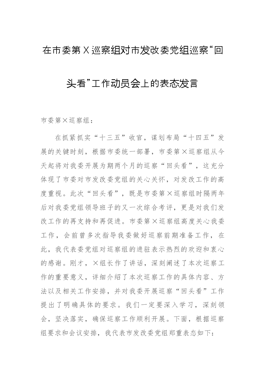在市委第X巡察组对市发改委党组巡察“回头看”工作动员会上的表态发言.docx,第1页预览