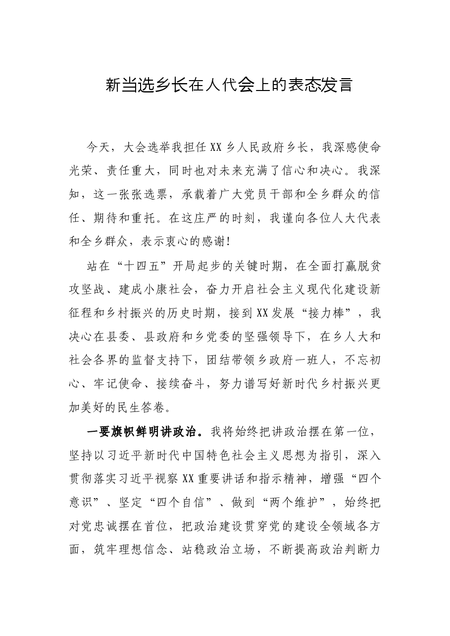 新当选乡长在人代会上的表态发言.docx,第1页预览