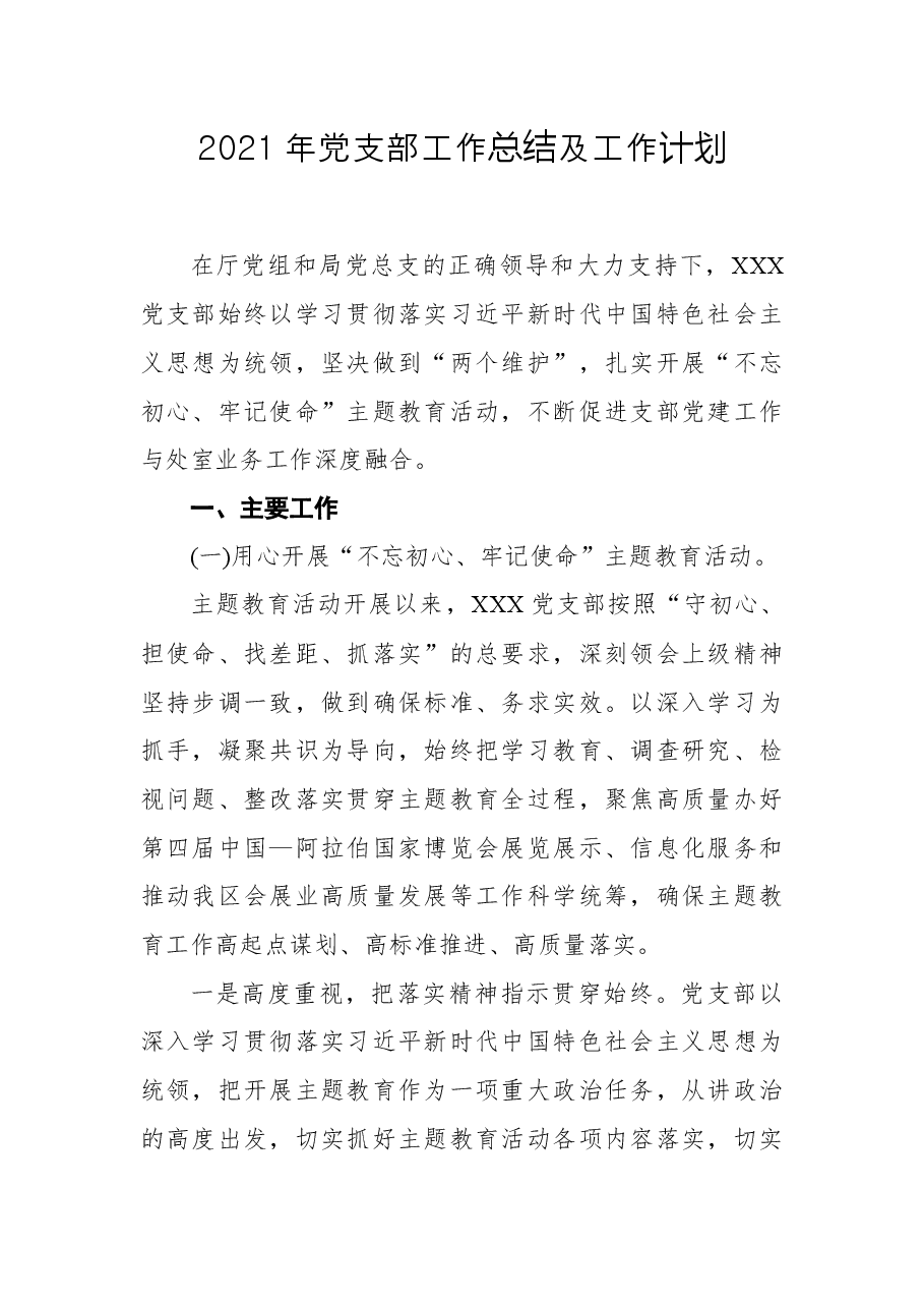2021年党支部工作总结及工作计划.docx，第1页预览