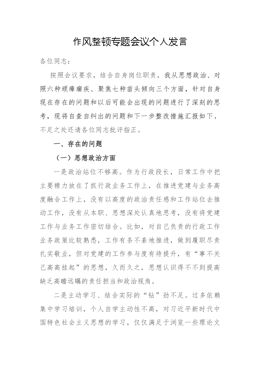 作风整顿专题会议个人发言.docx,第1页预览