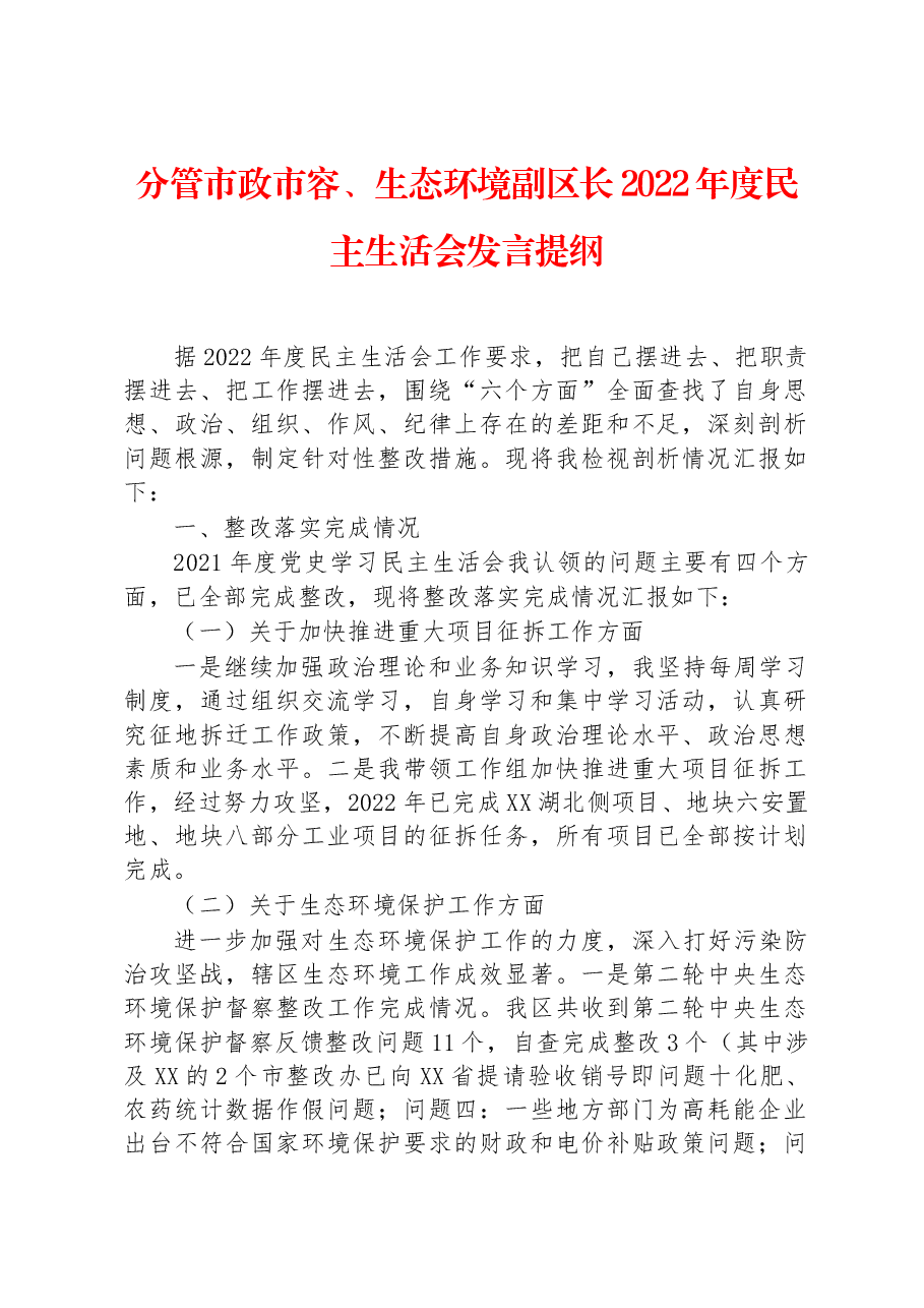 分管市政市容、生态环境副区长2022年度民主生活会发言提纲.docx,第1页预览