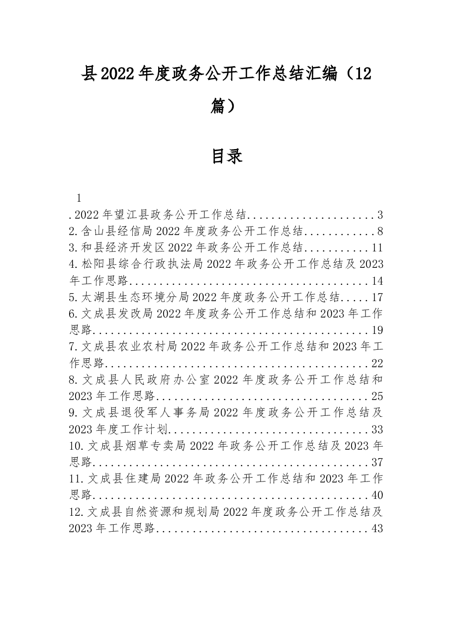 (12篇)县2022年度政务公开工作总结汇编.docx,第1页预览
