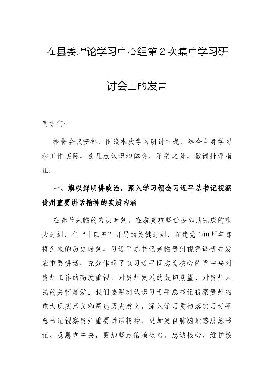 在县委理论学习中心组第2次集中学习研讨会上的发言.docx，第1页预览