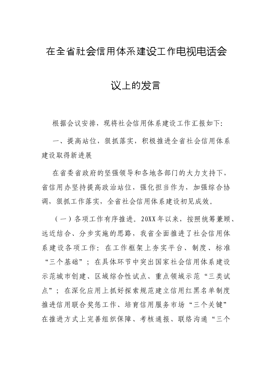 在全省社会信用体系建设工作电视电话会议上的发言.docx,第1页预览