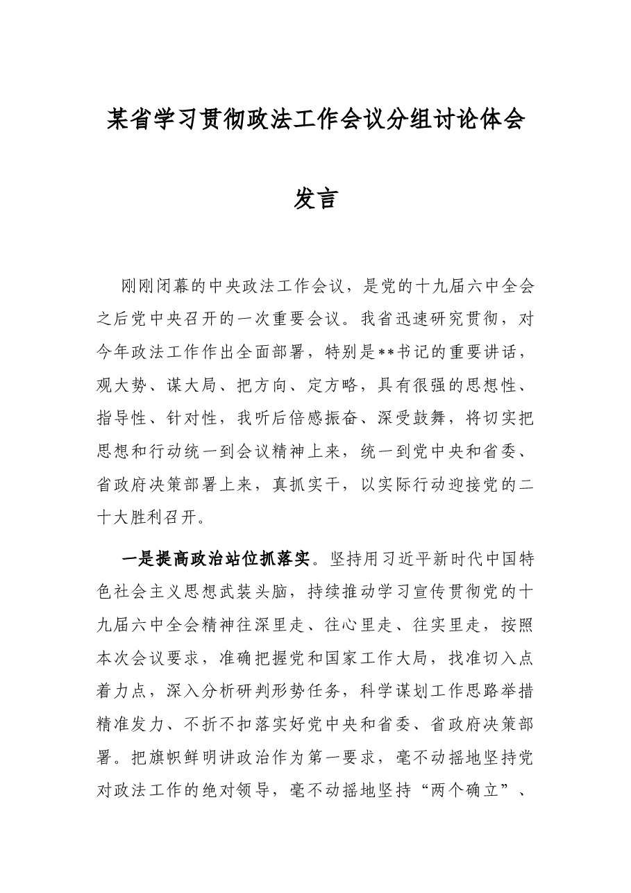 某省学习贯彻政法工作会议分组讨论体会发言.docx，第1页预览