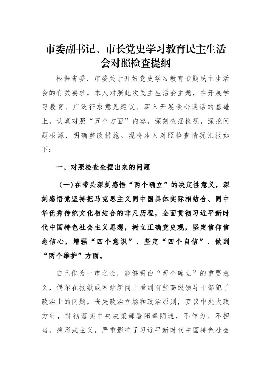 市委副书记、市长党史学习教育民主生活会对照检查提纲.docx,第1页预览