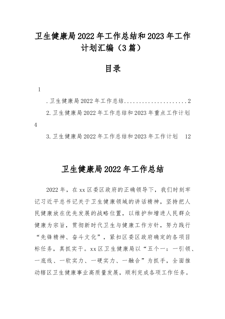 (3篇)卫生健康局2022年工作总结和2023年工作计划汇编.docx,第1页预览
