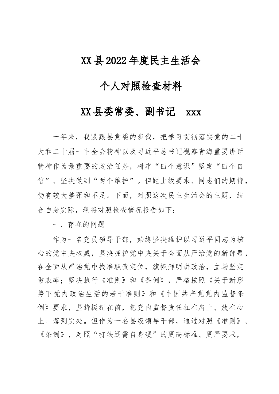 县委常委、副书记2022年度民主生活会个人对照检查材料.docx,第1页预览