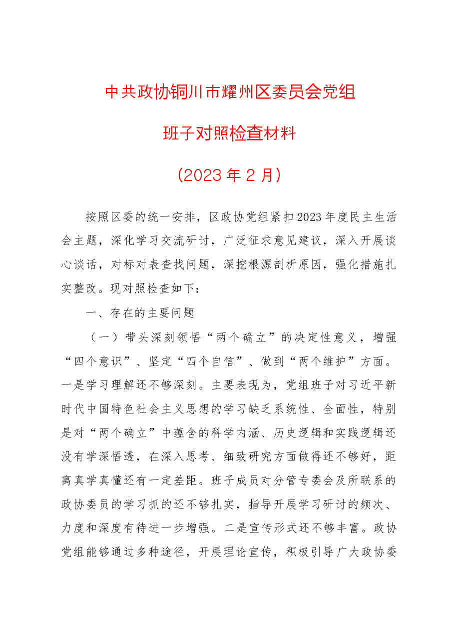 区政协党组2022年度民主生活会班子剖析材料.doc,第1页预览