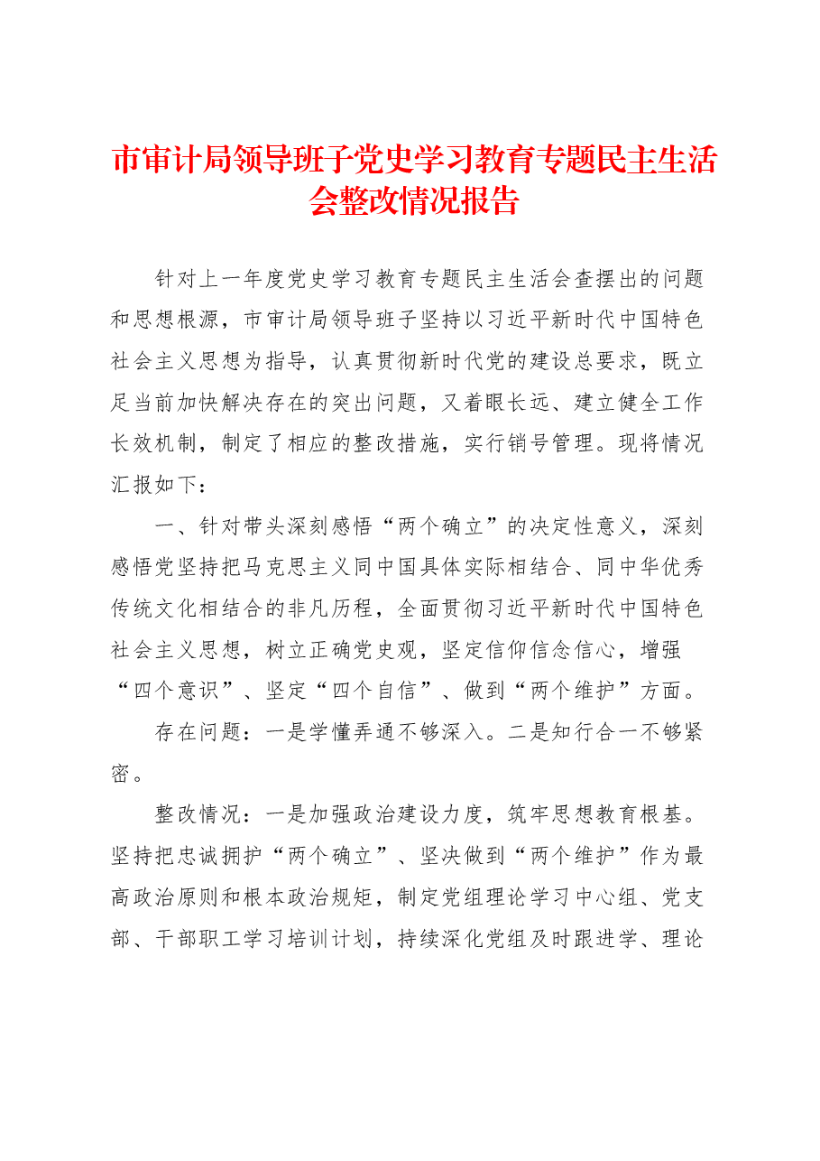 市审计局领导班子党史学习教育专题民主生活会整改情况报告.docx,第1页预览