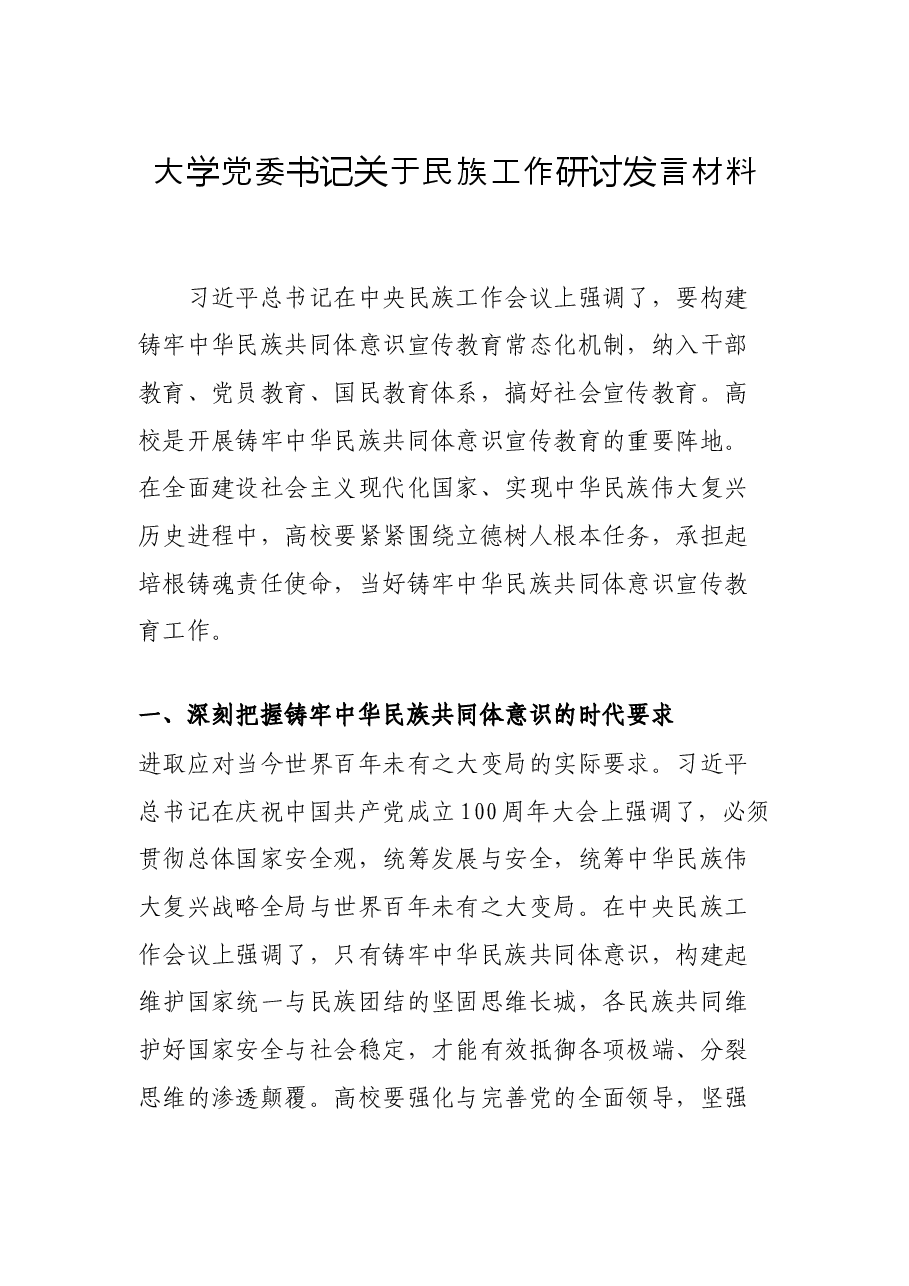 大学党委书记关于民族工作研讨发言材料.docx,第1页预览
