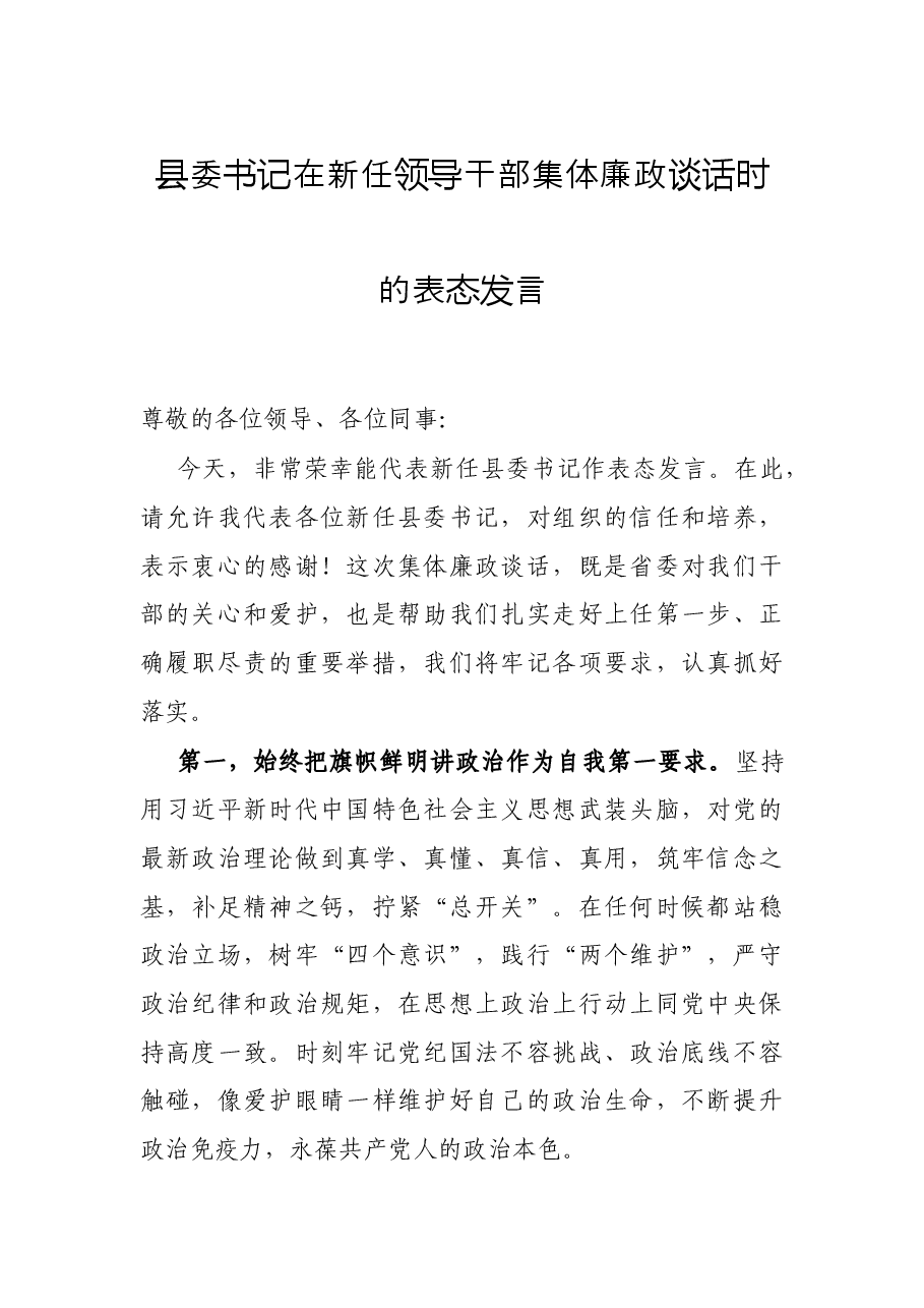 县委书记在新任领导干部集体廉政谈话时的表态发言.docx,第1页预览