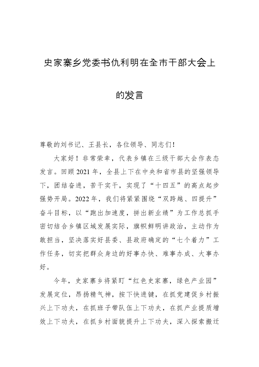 史家寨乡党委书仇利明在全市干部大会上的发言.docx,第1页预览