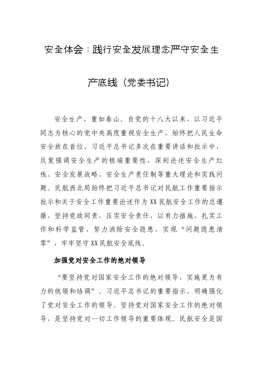 安全体会:践行安全发展理念严守安全生产底线(党委书记).docx,第1页预览