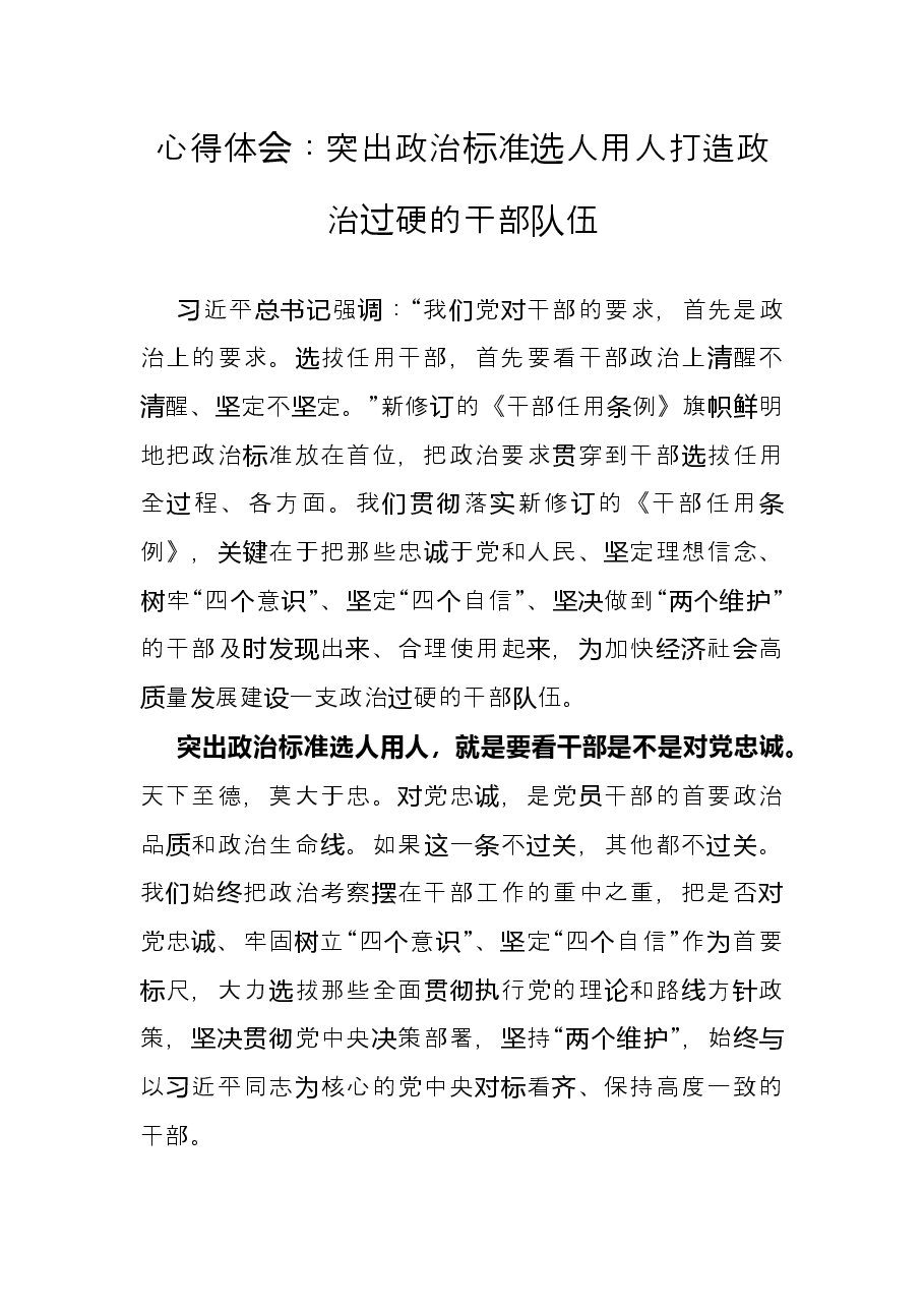心得体会:突出政治标准选人用人打造政治过硬的干部队伍.docx,第1页预览