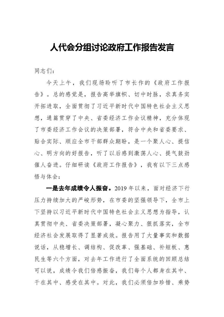 人代会分组讨论政府工作报告发言.docx,第1页预览