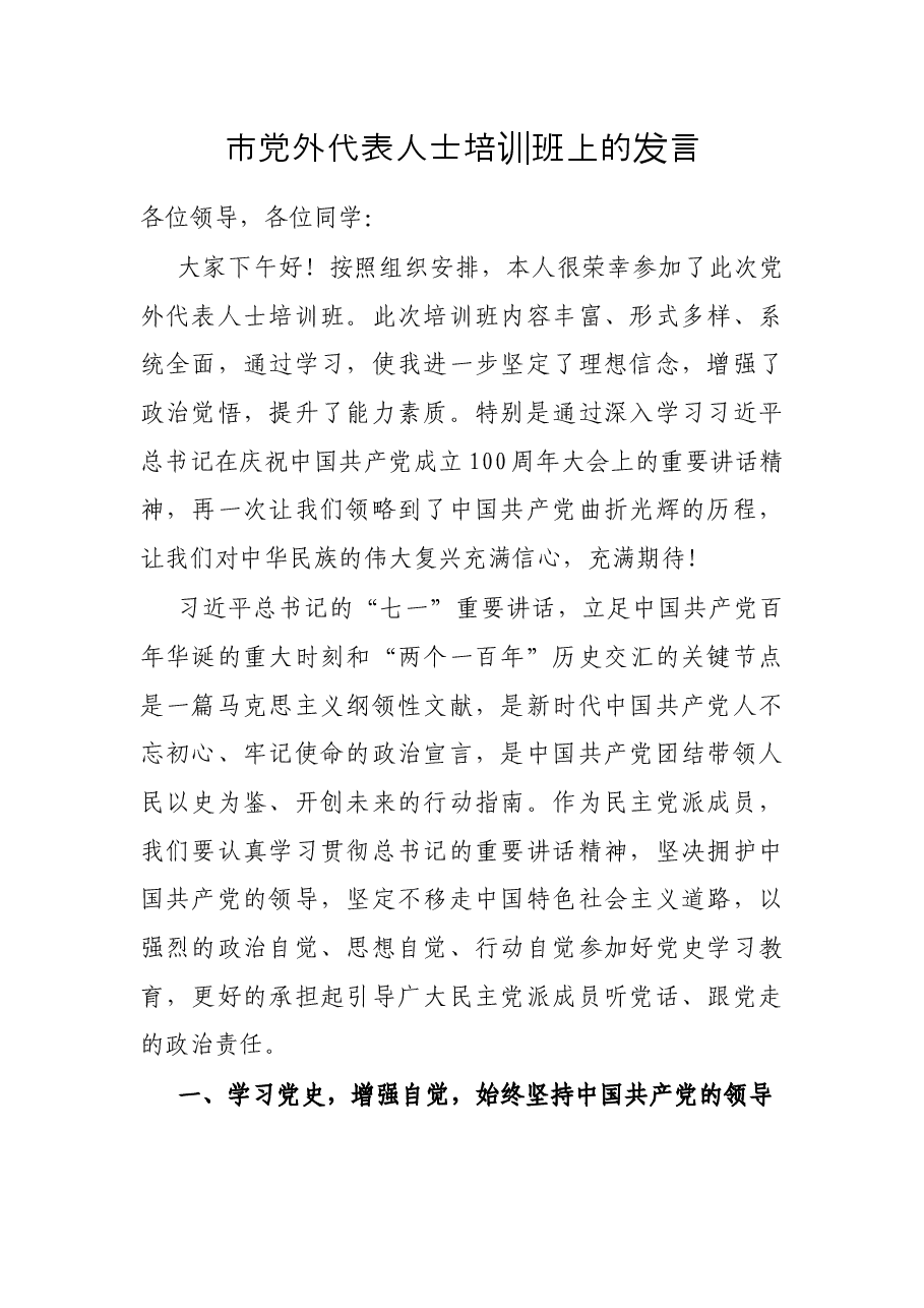 市党外代表人士培训班上的发言.docx,第1页预览