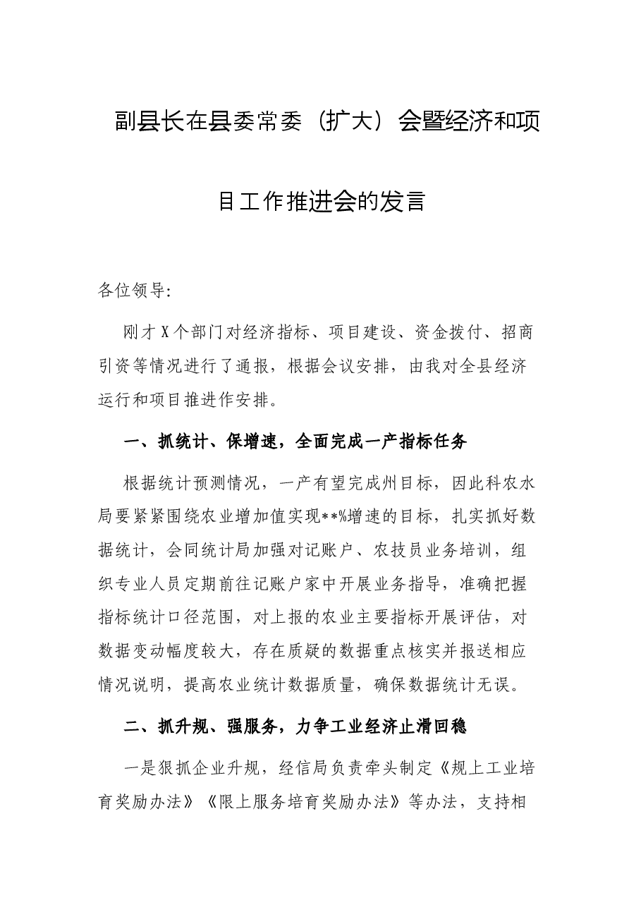 副县长在县委常委(扩大)会暨经济和项目工作推进会的发言.docx,第1页预览