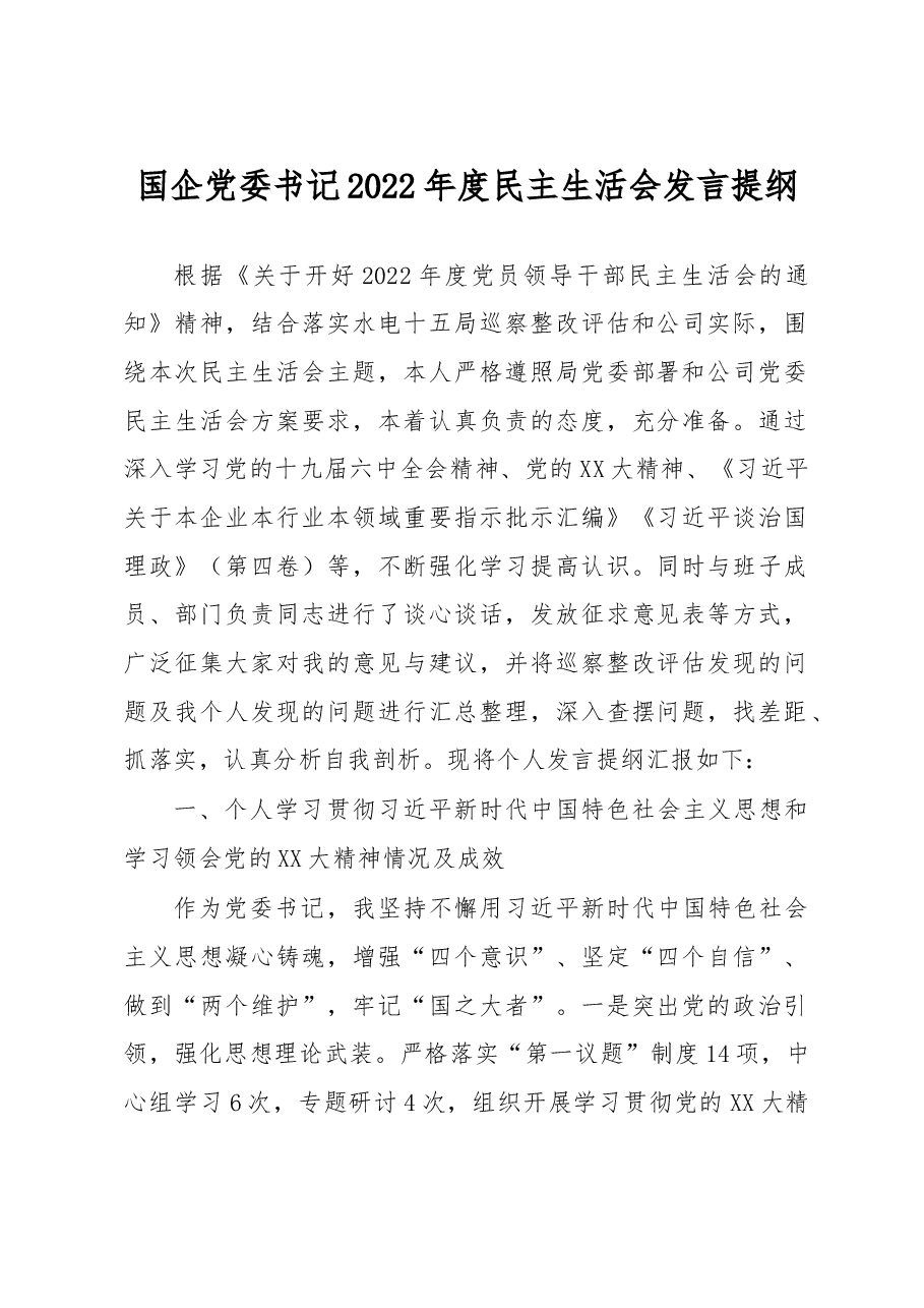 国企党委书记2022年度民主生活会发言提纲.docx,第1页预览