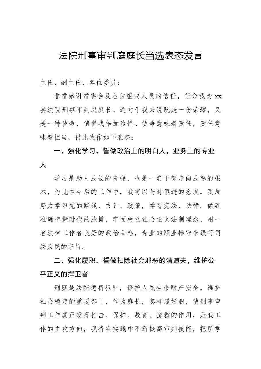 (2篇)法院副院长、刑事审判庭庭长当选表态发言.docx,第2页预览