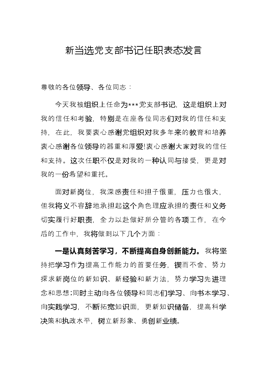 新当选党支部书记任职表态发言.docx,第1页预览