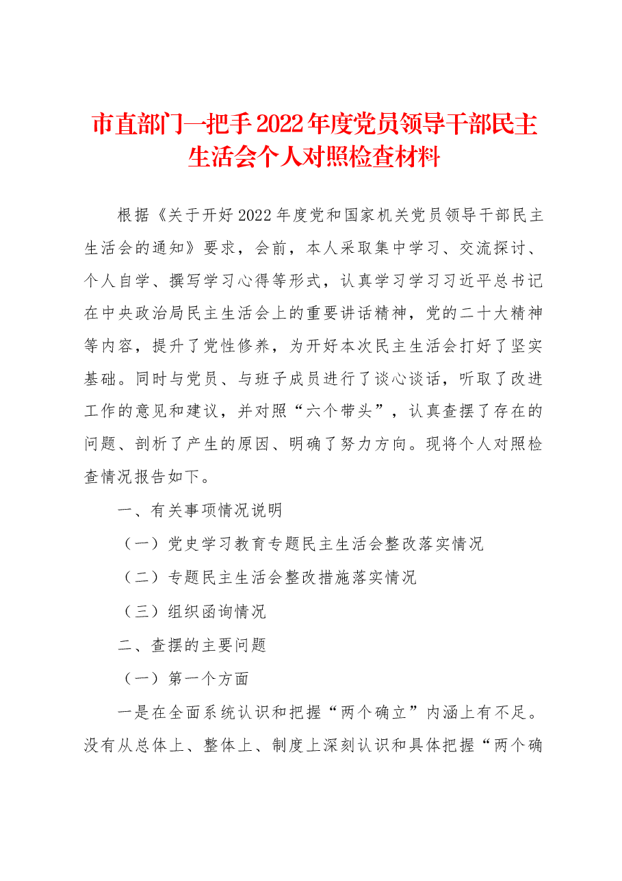 市直部门一把手2022年度党员领导干部民主生活会个人对照检查材料.docx,第1页预览