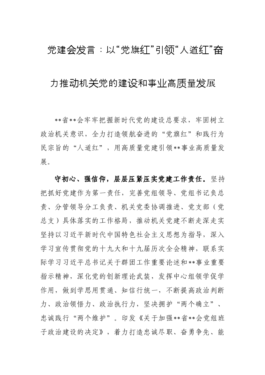 党建会发言:以“党旗红”引领“人道红”奋力推动机关党的建设和事业高质量发展.docx,第1页预览