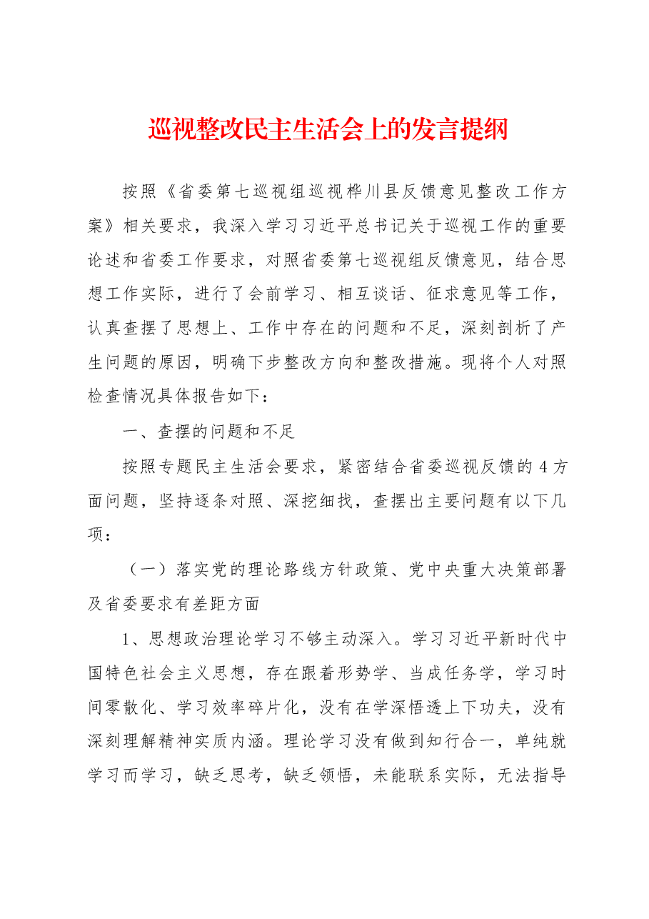 巡视整改民主生活会上的发言提纲.docx,第1页预览