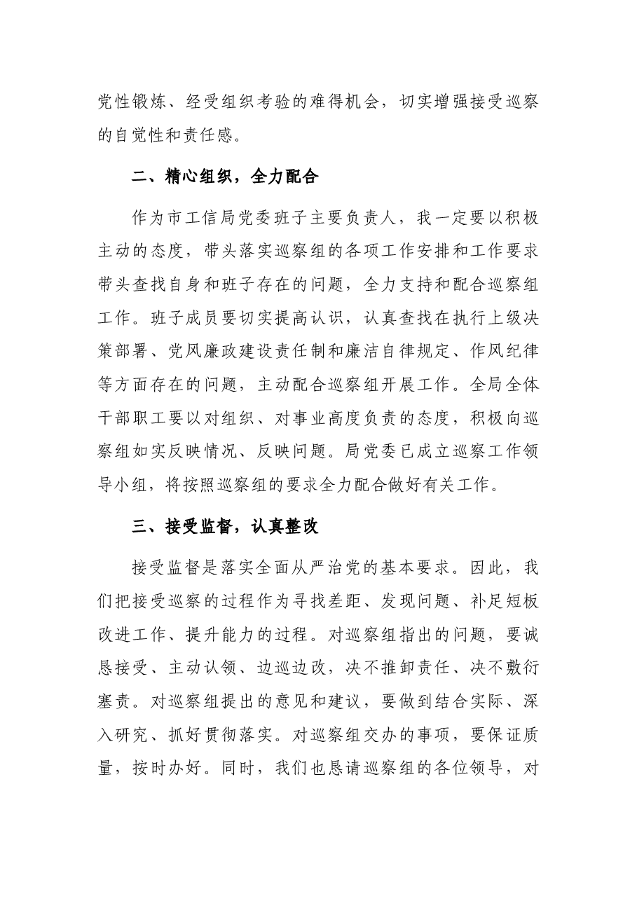 工信局在市巡察组巡察工作会议上的表态发言材料.docx,第2页预览
