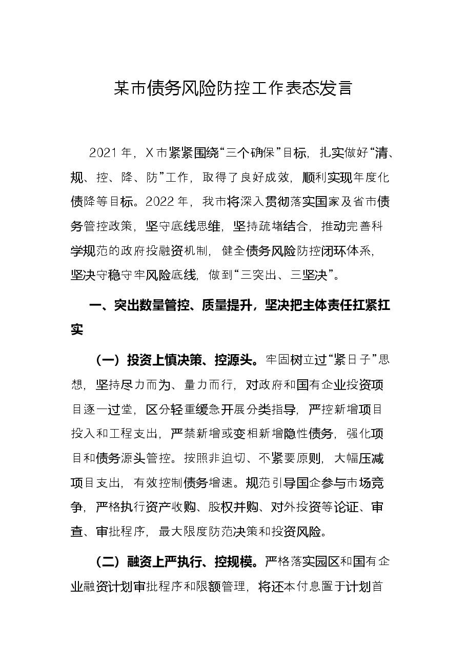 某市债务风险防控工作表态发言.docx，第1页预览