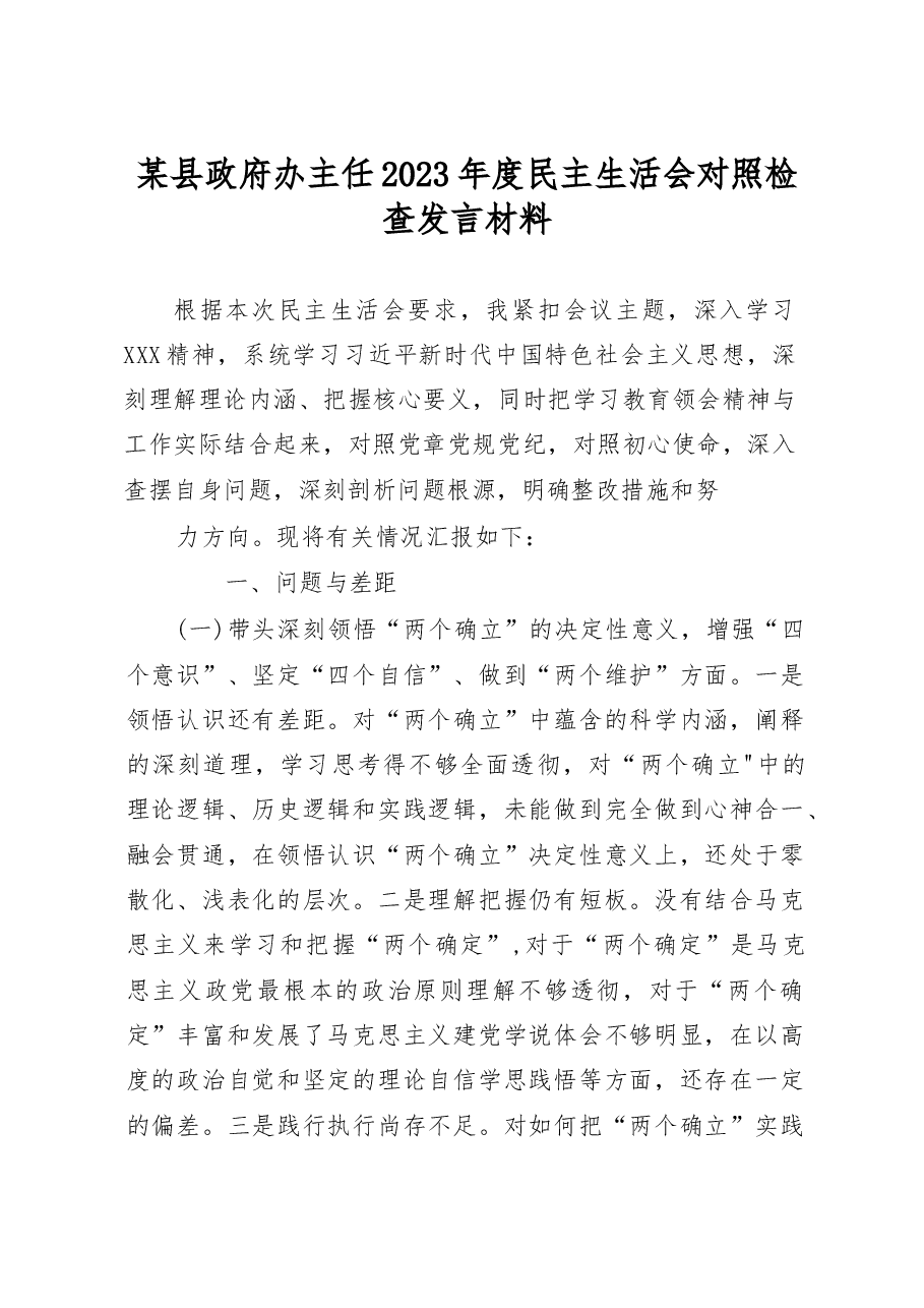 某县政府办主任2023年度民主生活会对照检查发言材料.docx,第1页预览