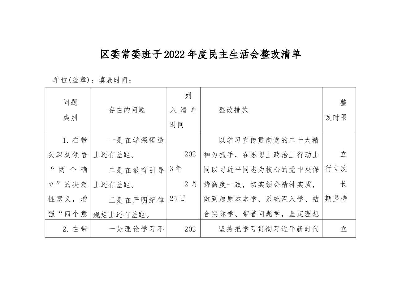 区委常委班子2022年度民主生活会整改清单.docx,第1页预览