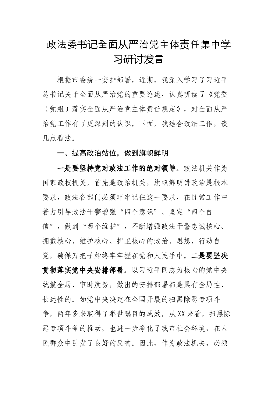 政法委书记全面从严治党主体责任集中学习研讨发言.docx,第1页预览
