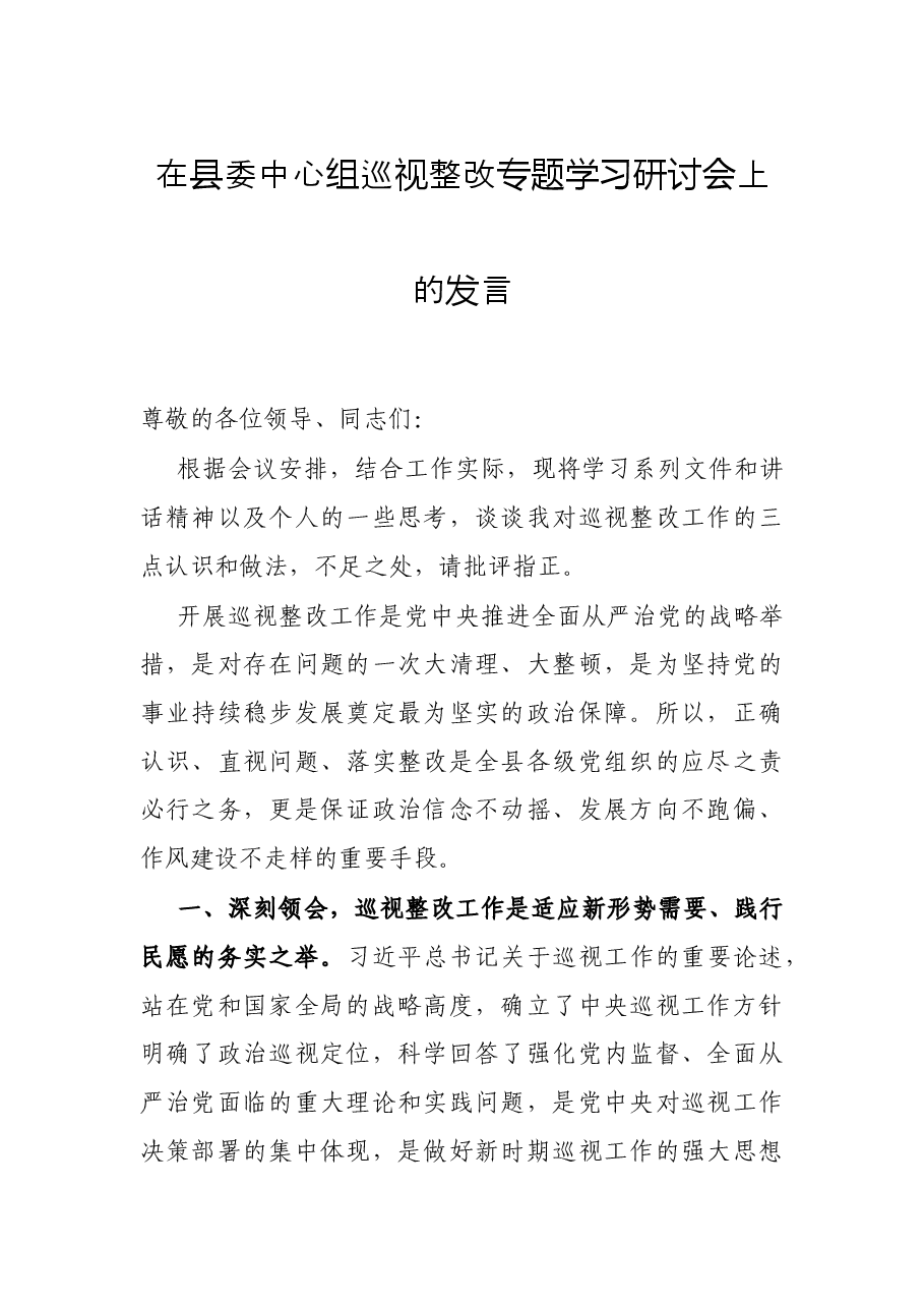 在县委中心组巡视整改专题学习研讨会上的发言.docx,第1页预览