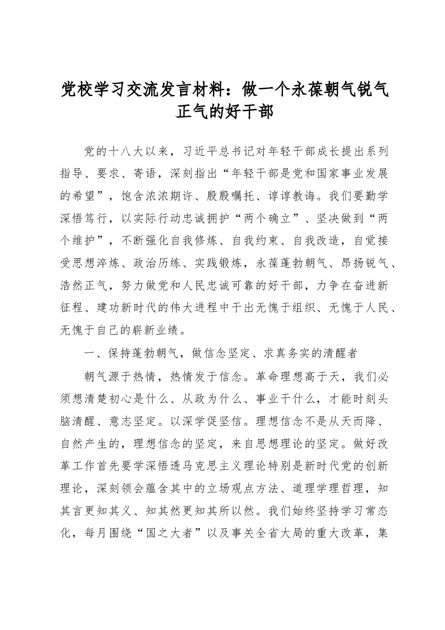 党校学习交流发言材料:做一个永葆朝气锐气正气的好干部.docx,第1页预览
