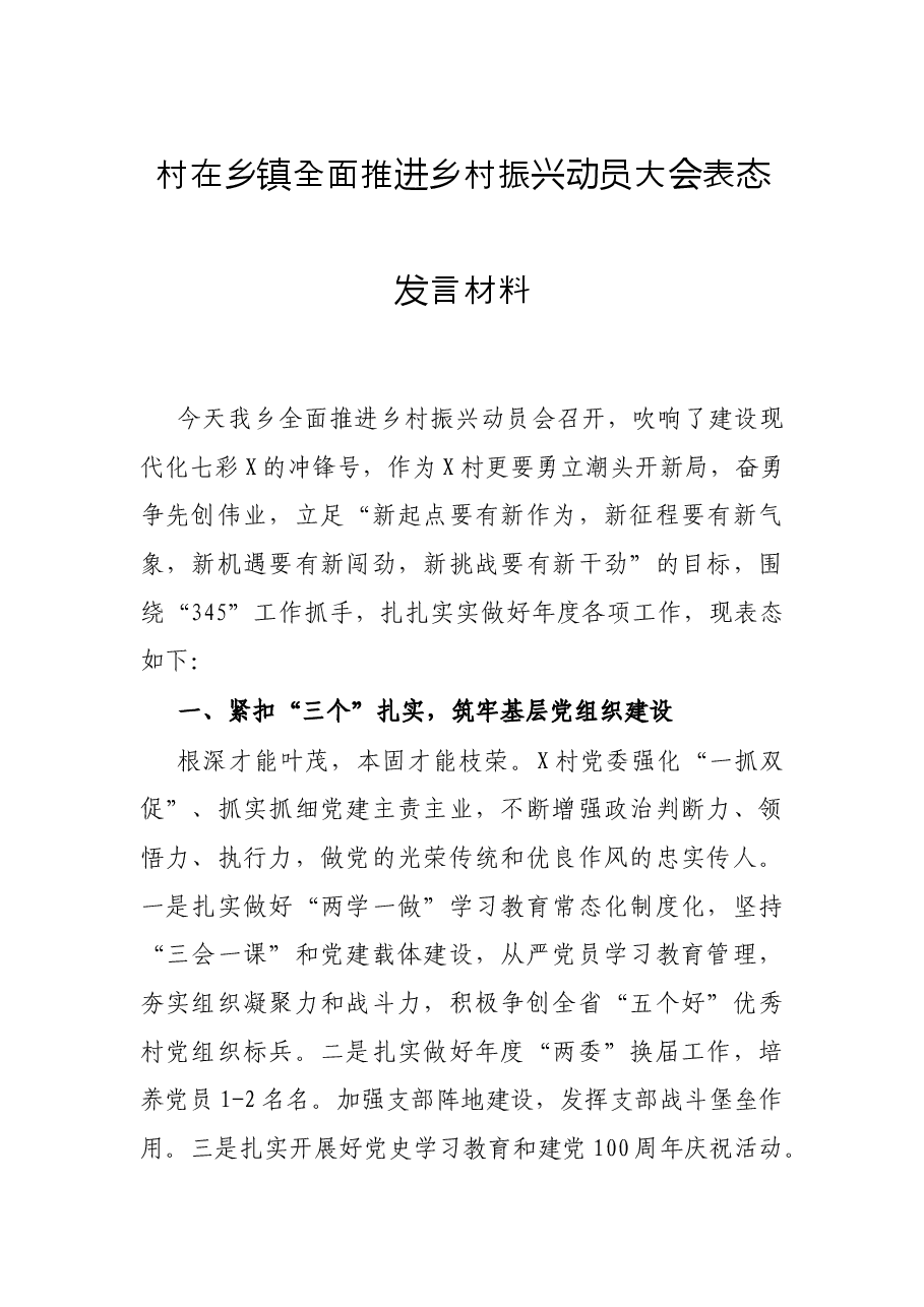 村在乡镇全面推进乡村振兴动员大会表态发言材料.docx,第1页预览