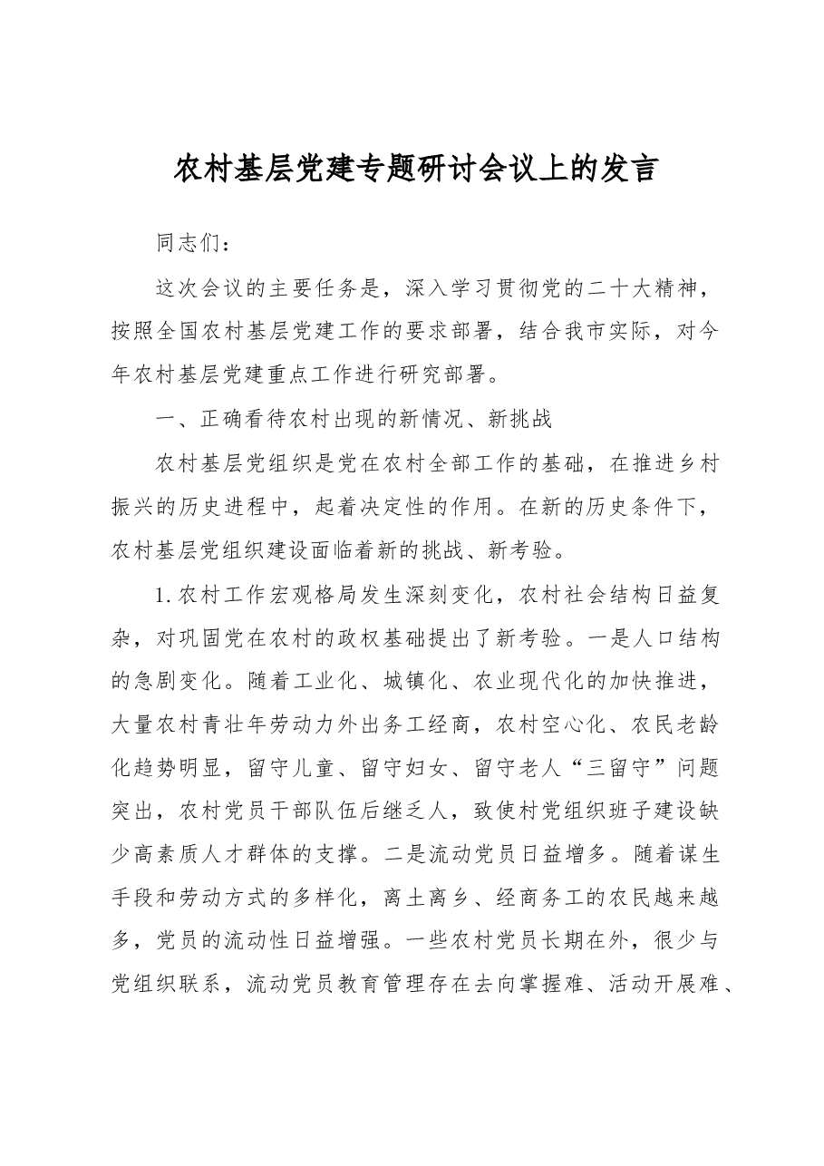 农村基层党建专题研讨会议上的发言.docx,第1页预览