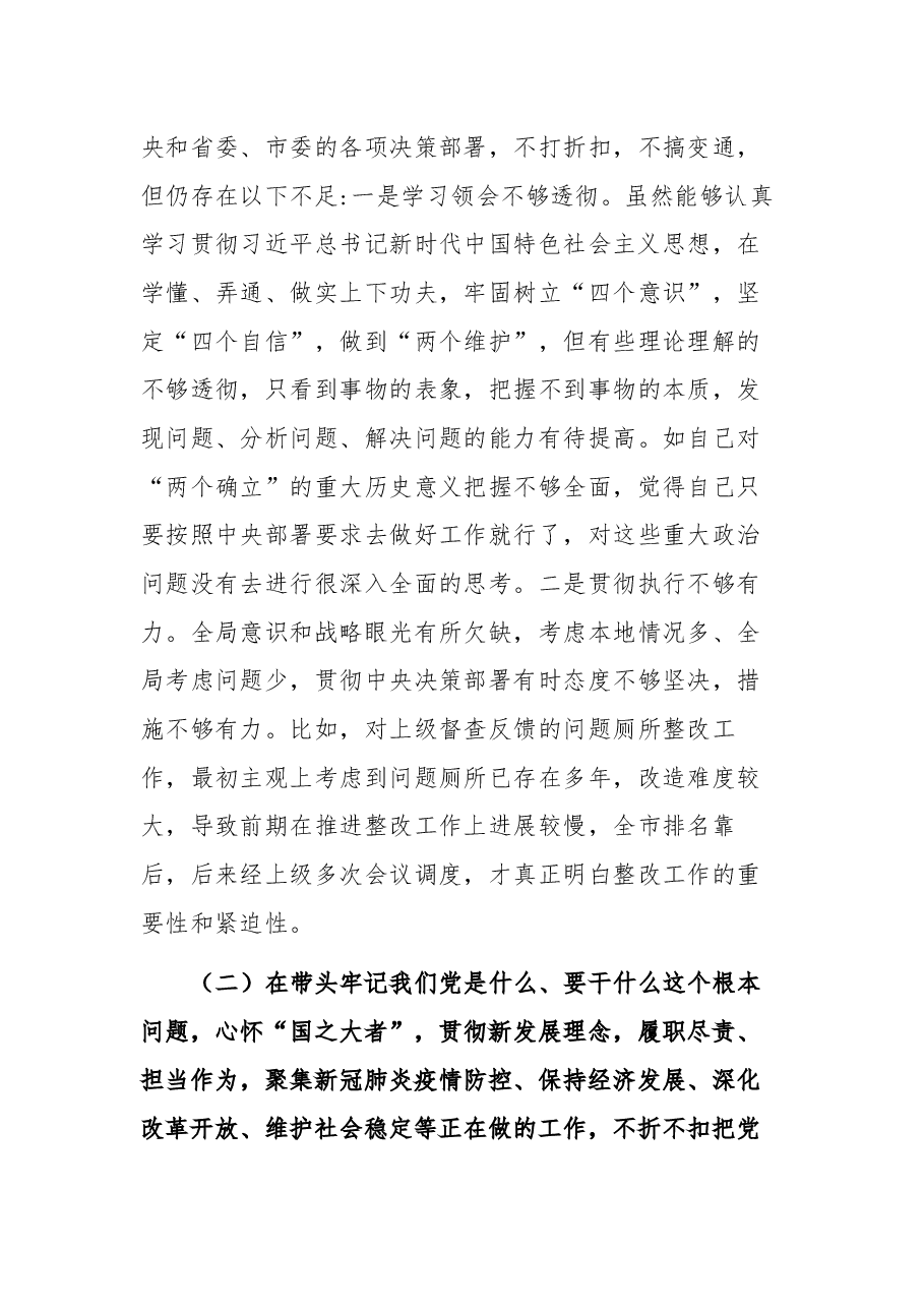 副书记2021年党史学习教育五个带头民主生活会对照检查材料.docx,第3页预览