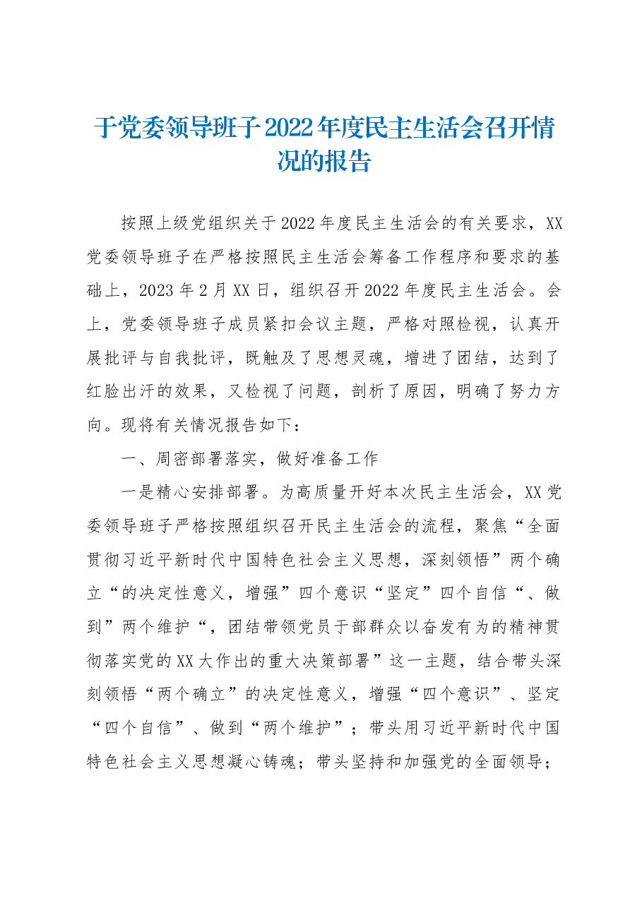于党委领导班子2022年度民主生活会召开情况的报告.docx,第1页预览