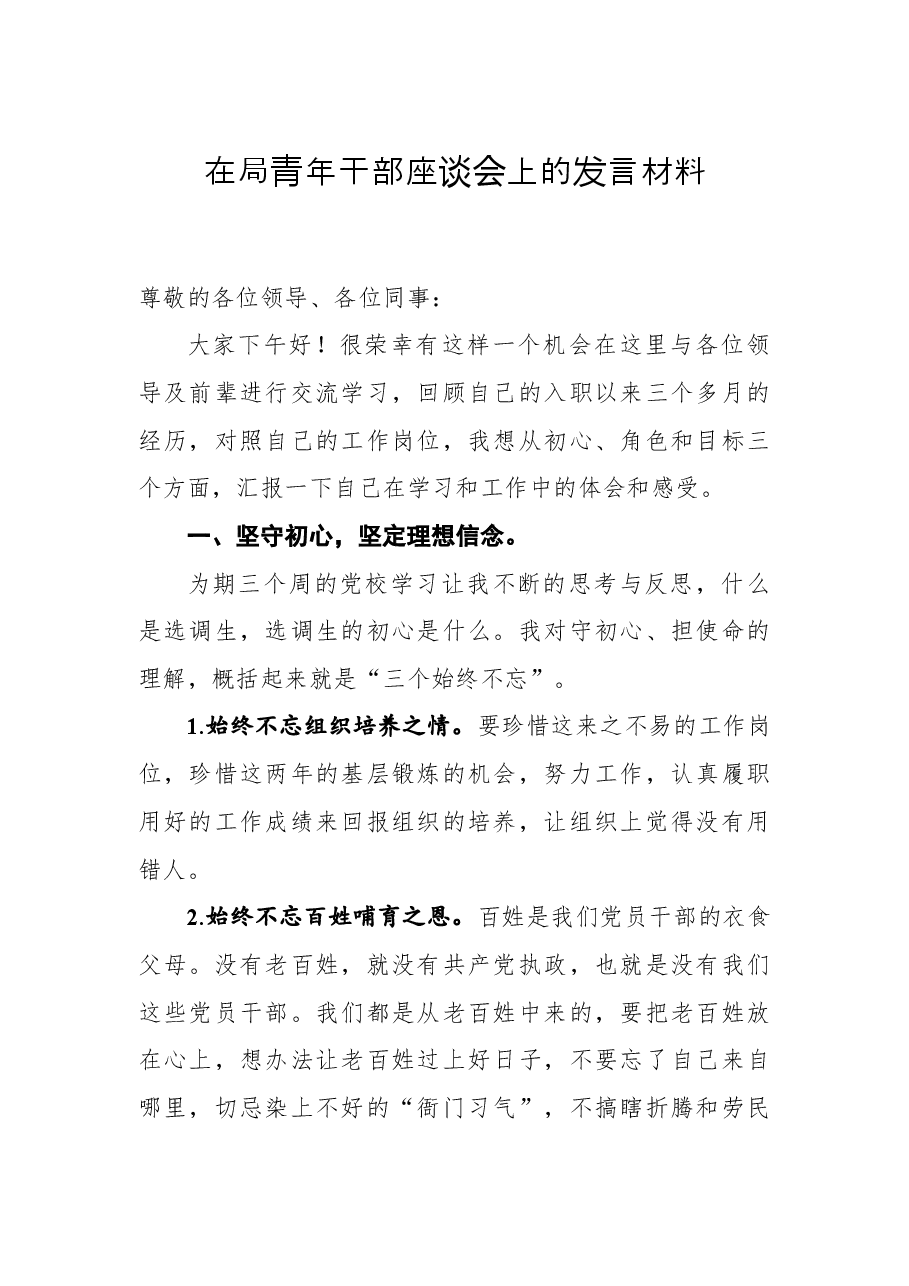 在局青年干部座谈会上的发言材料.docx,第1页预览