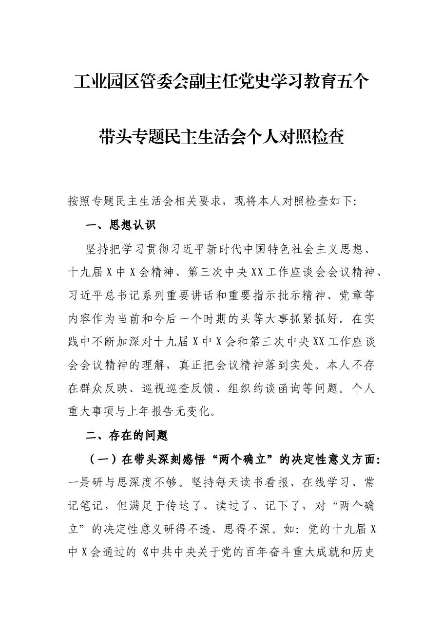工业园区管委会副主任党史学习教育五个带头专题民主生活会个人对照检查.docx,第1页预览
