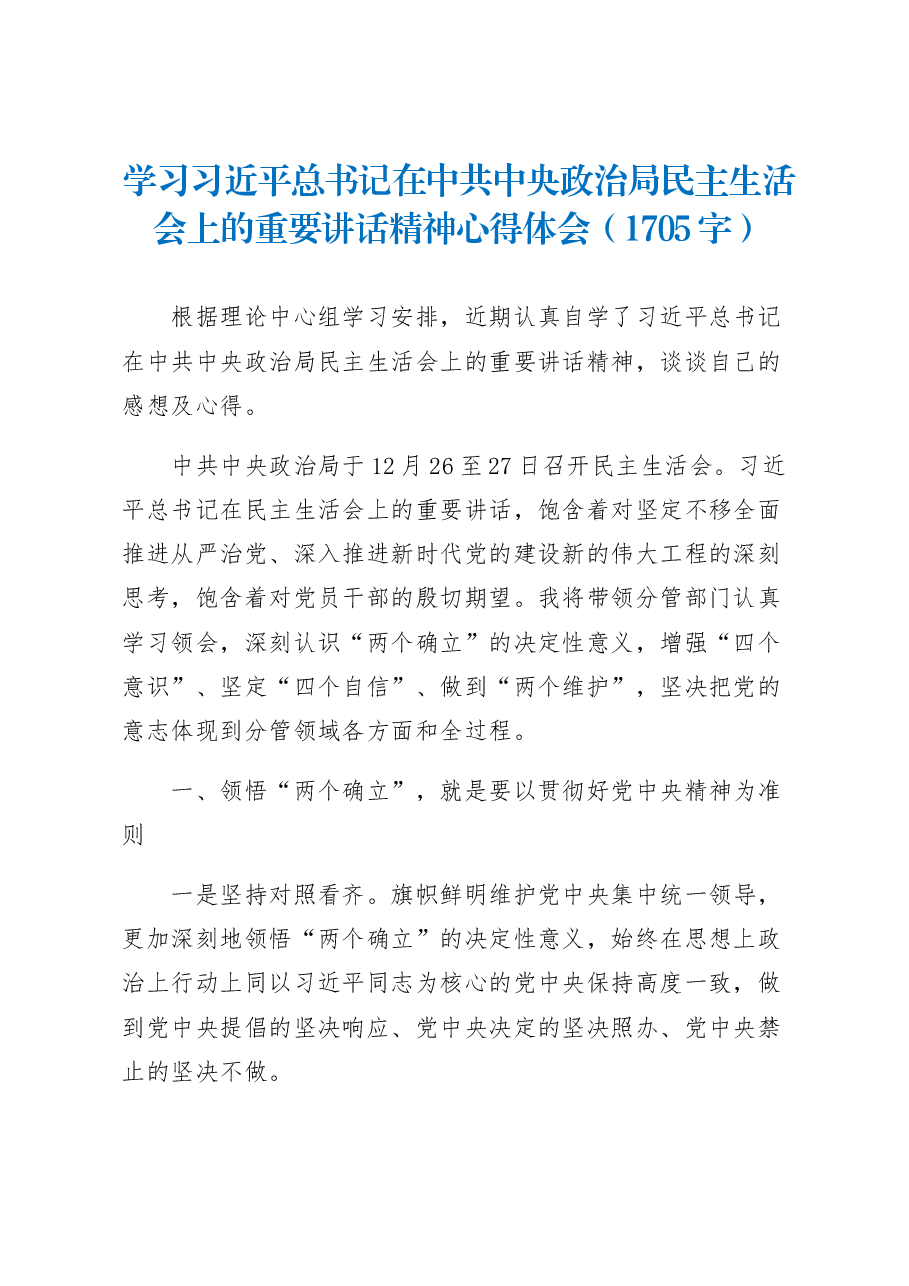 学习总书记在中共中央政治局民主生活会上的重要讲话精神心得体会.docx,第1页预览