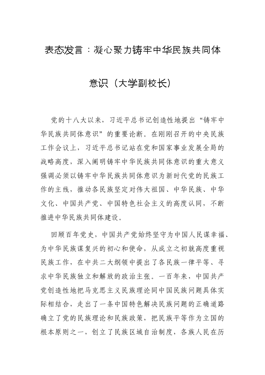 表态发言:凝心聚力铸牢中华民族共同体意识(大学副校长).docx,第1页预览